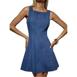 Women's Summer Denim Dress Sleeveless Square Neck Flare Casual Vacation